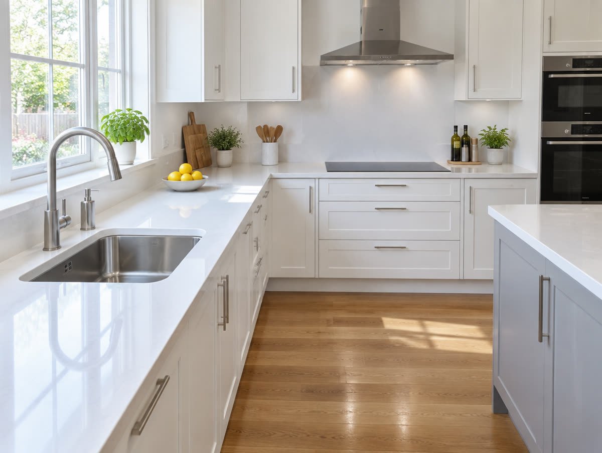 A bright, spotless kitchen with clean worktops and a polished floor