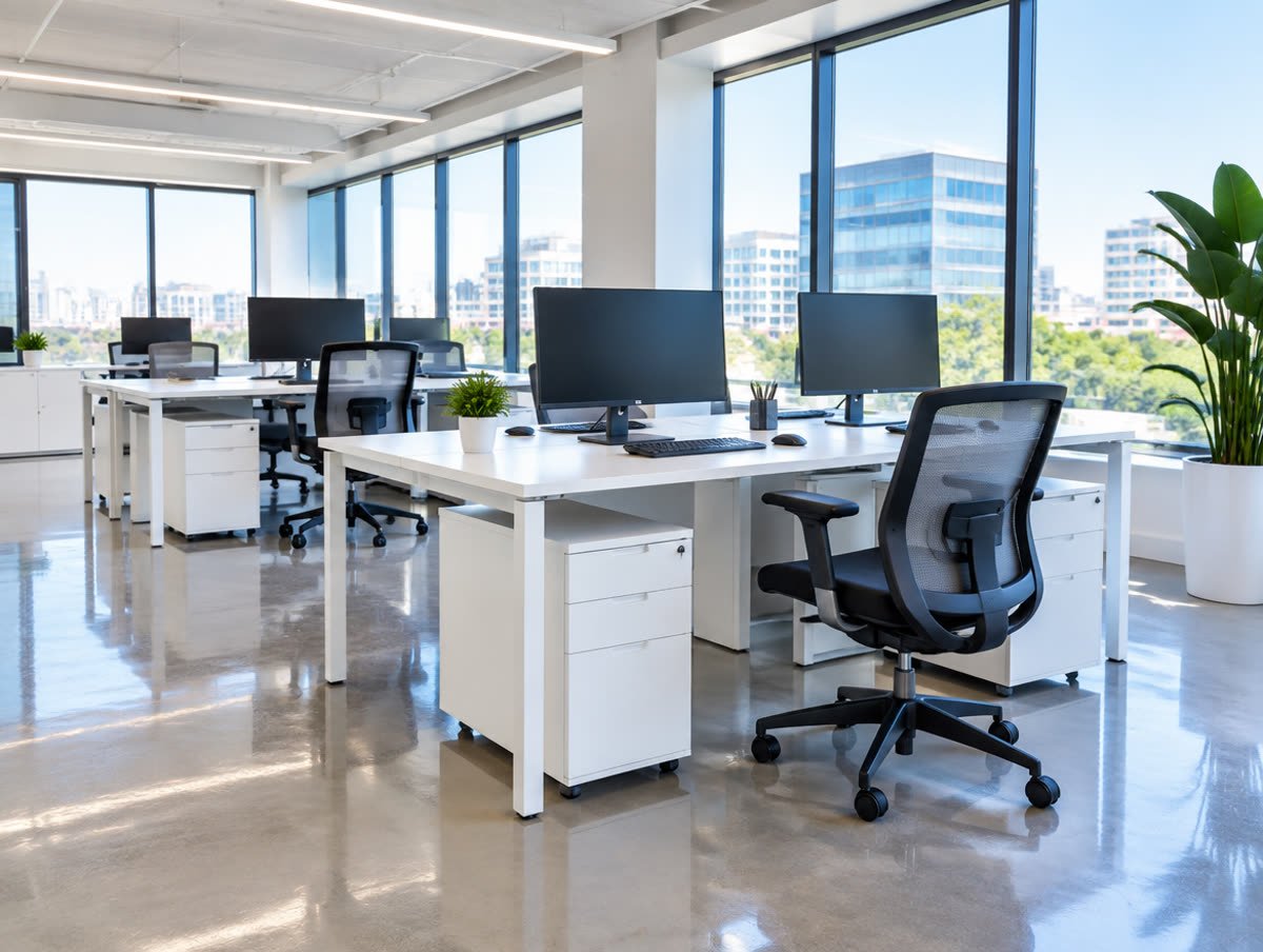 A clean, fresh office with polished floors and tidy desks